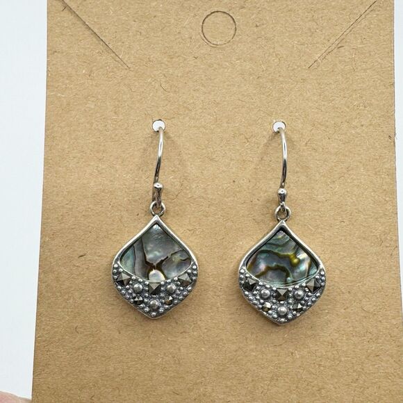 Sterling Silver Abalone Marcasite Sparkling Iridescent Drop Earrings SLC 925 Th - Picture 15 of 16